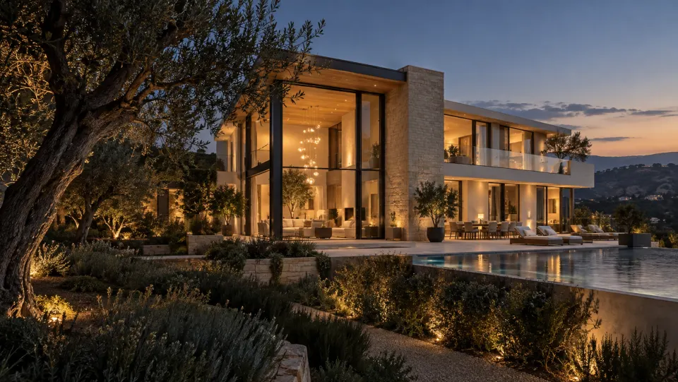 New home design inspiration with stone walls and expansive windows